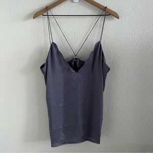 Free People Intimately Sensual Satin Scallop Deep V Cami Blue Gray Large